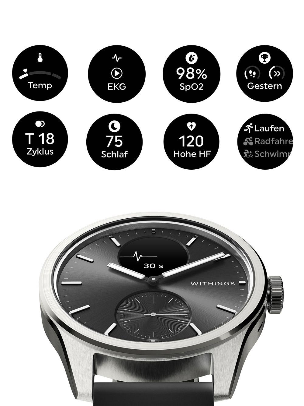 Withings ScanWatch 2 HWA10-model 4-All-Int Armbanduhr Schwarz • Hybrid-Smartwatch mit Saphirglas • 5 ATM Wasserdicht, Bild 5