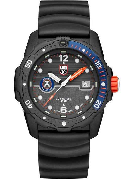 Herren-Armbanduhr mit schwarzem Kautschukband, blau-orangem Zifferblatt, Datumsfenster