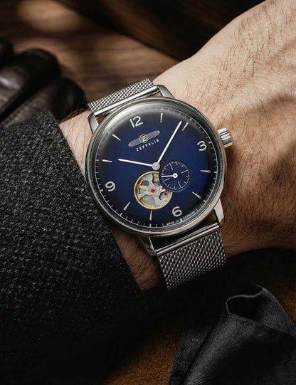 Zeppelin 8066M-3-N LZ-129 Hindenburg Herrenuhr Blau • Automatikwerk Miyota 82S5 • Skelettiertes Zifferblatt, Bild 2
