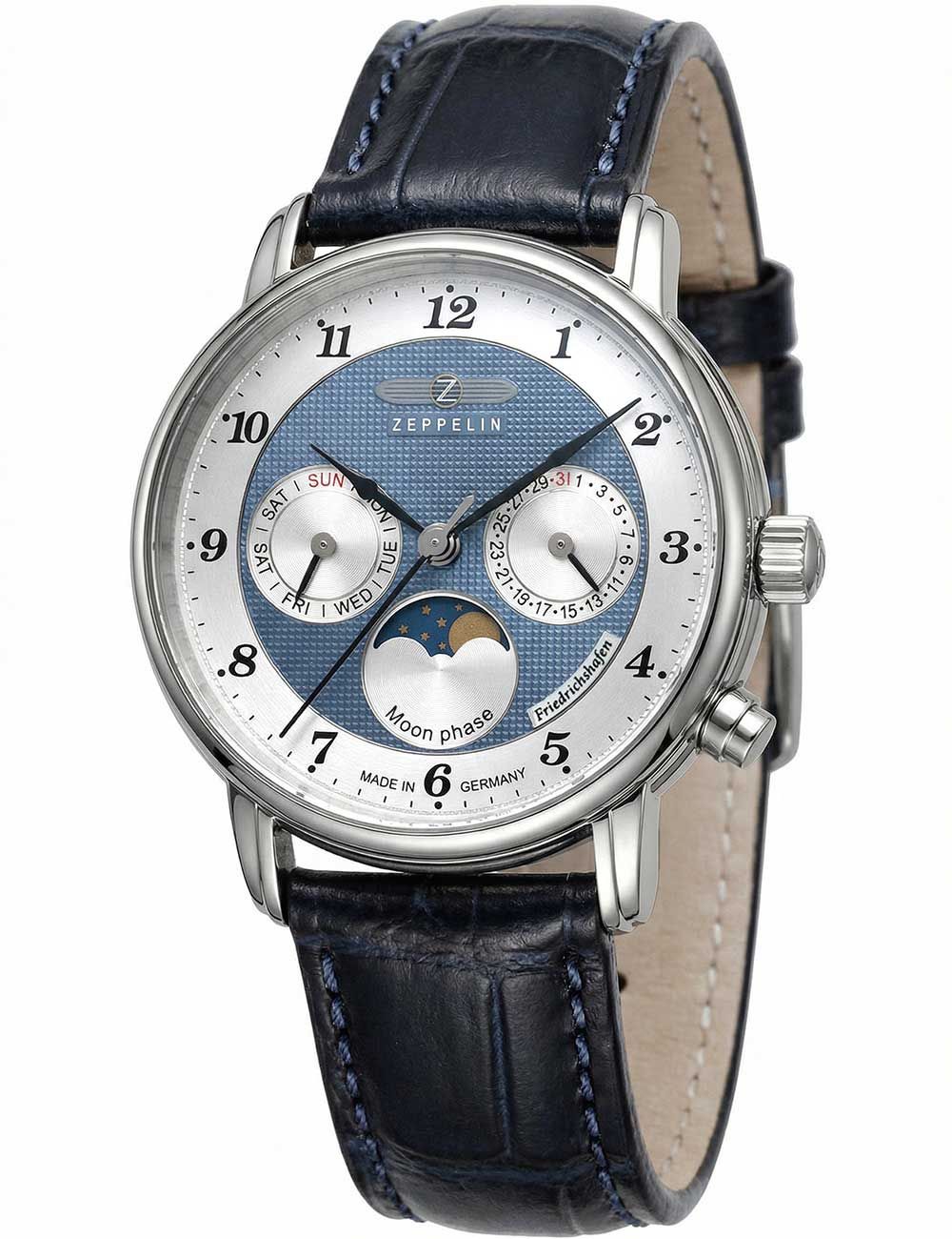 Zeppelin Friedrichshafen 8537-3 Herrenuhr Blau • Mondphasenanzeige • 5 ATM wasserdicht