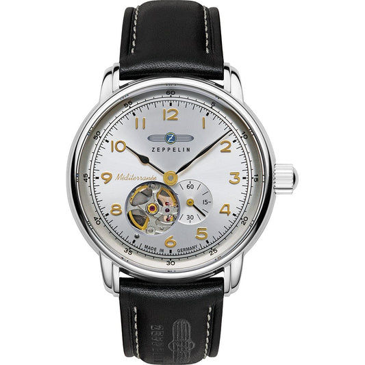 Herrenuhr von Zeppelin mit offenem Herzen, schwarzem Lederband und silbernem Gehäuse.