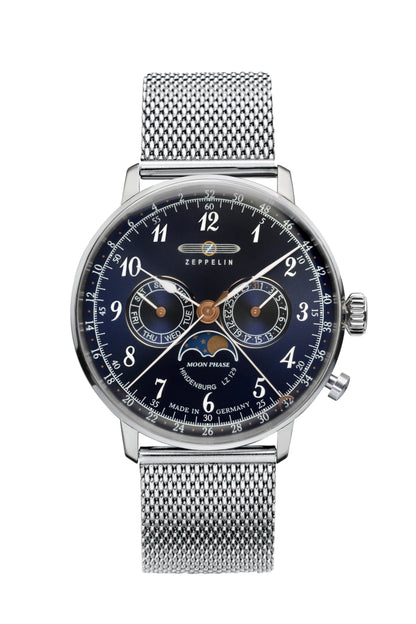 Zeppelin Hindenburg LZ129 7036M-3 Herrenuhr Blau • Mondphase & Schweizer Quarzwerk • Milanaise-Armband