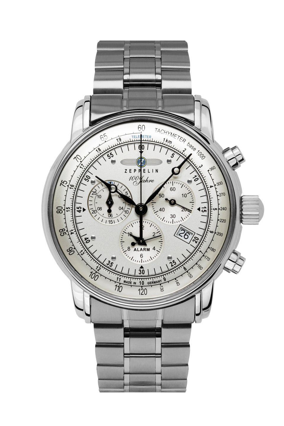 Zeppelin 100 Jahre 7680MB-1 Herrenuhr Silber • Schweizer Quarzwerk Ronda 5130.D • Alarm-Chronograph