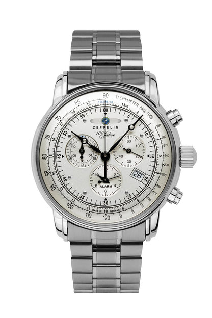 Zeppelin 100 Jahre 7680MB-1 Herrenuhr Silber • Schweizer Quarzwerk Ronda 5130.D • Alarm-Chronograph