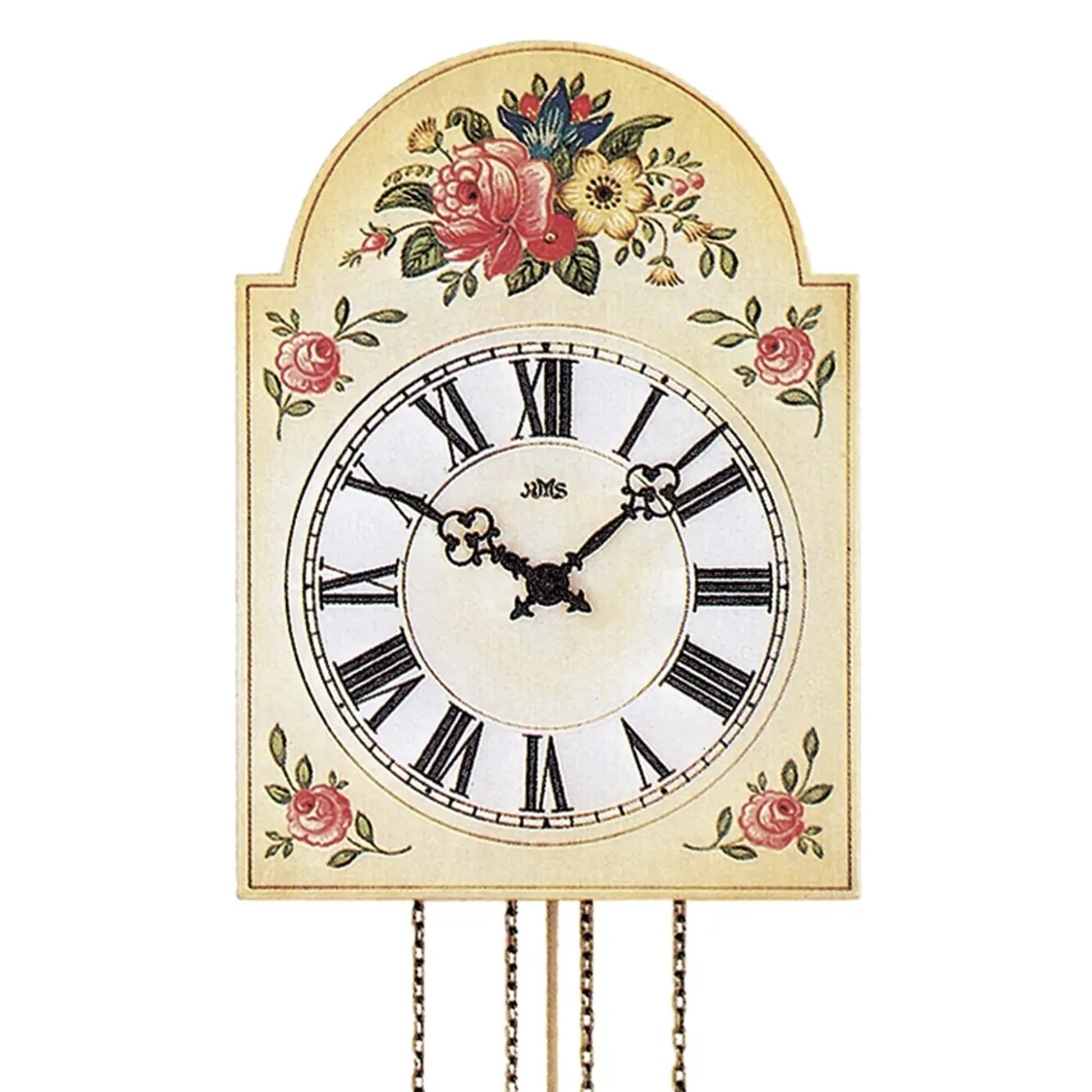 Wanduhr-Zifferblatt mit Rosendekor, römischen Ziffern und schwarzen Zeigern