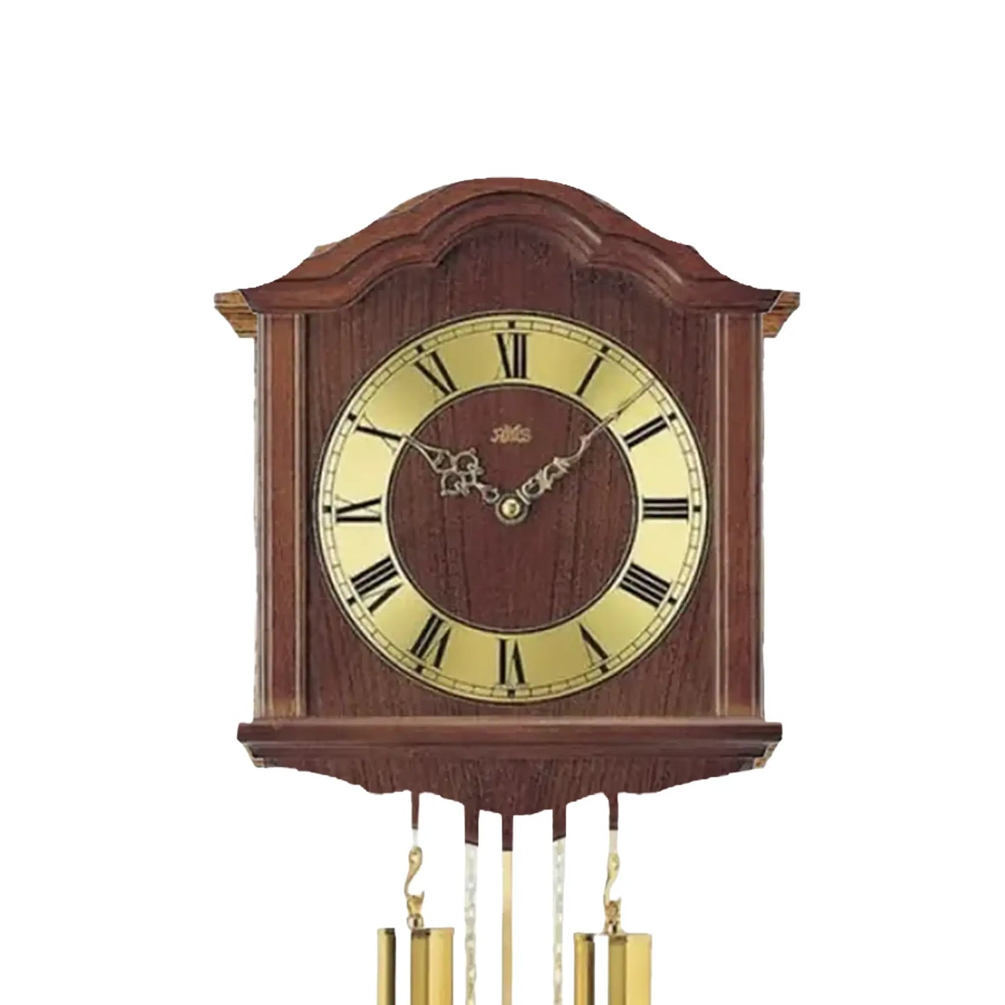 AMS Heimuhr-Wanduhr: Nahansicht Holzgehäuse mit rundem Ziffernblatt, römische Zahlen