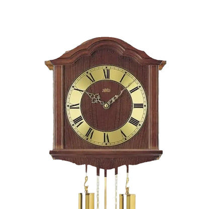 AMS Heimuhr-Wanduhr: Nahansicht Holzgehäuse mit rundem Ziffernblatt, römische Zahlen