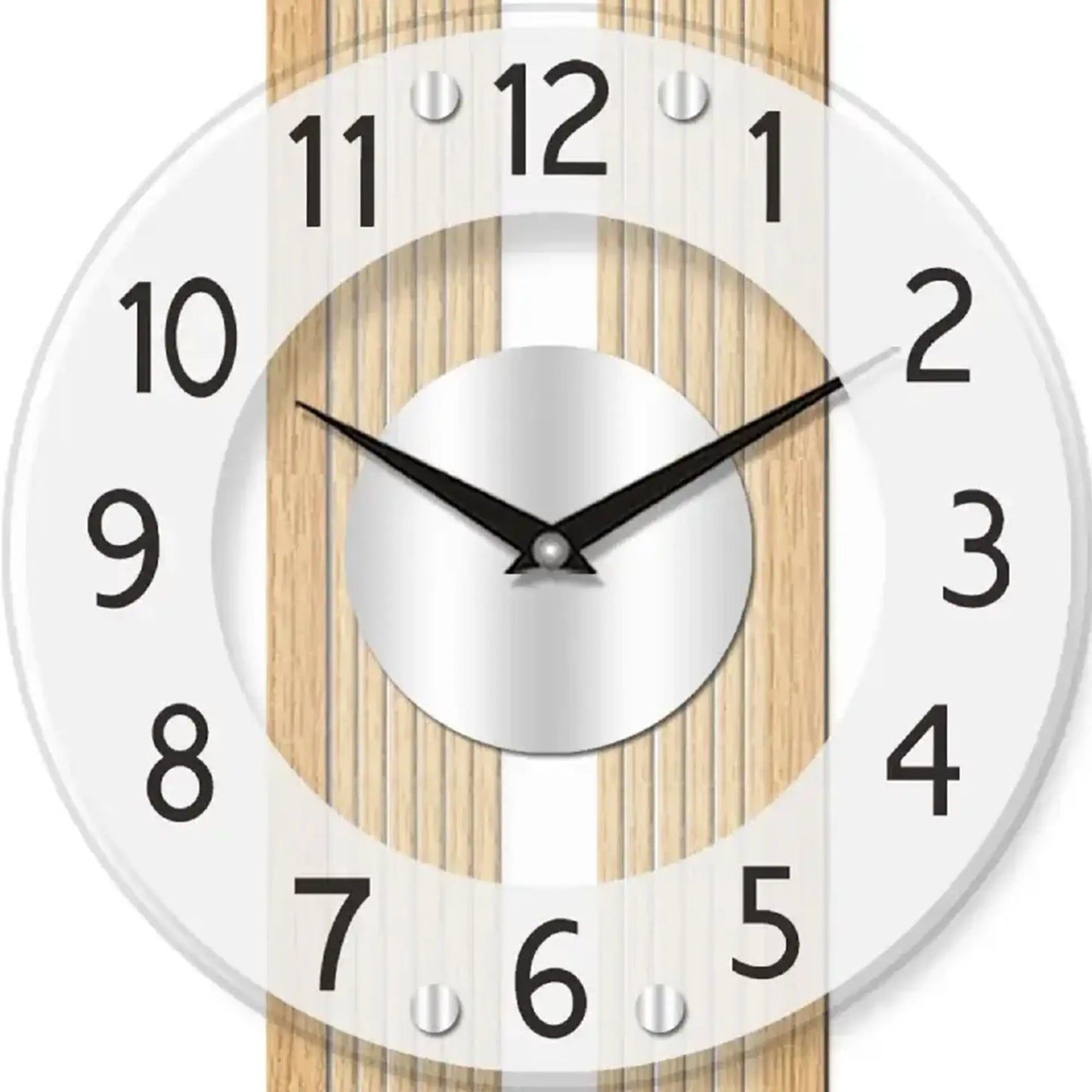 Detailansicht der AMS Wanduhr: satiniertes Mineralglas, Buchenholzstreifen, weiße Ziffern, schwarze Zeiger