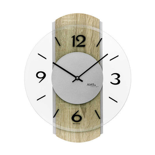 Wanduhr in Sonoma-Eiche mit grauem Ziffernblatt, schwarzen Zeigern und AMS-Stempel