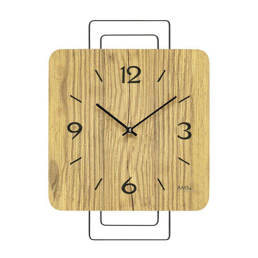 Wanduhr aus Wildeiche mit Metallziffern, rechteckigem Holzgehäuse und sichtbaren Zeigern