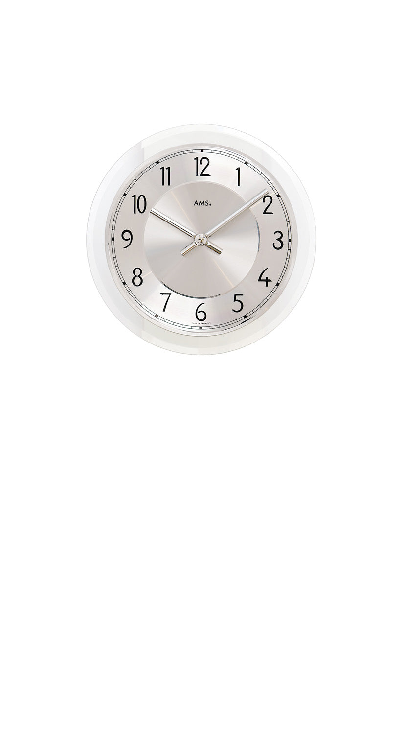 AMS W9476 Wanduhr Silber • Facettiertes Mineralglas • Aluminium-Zifferblatt