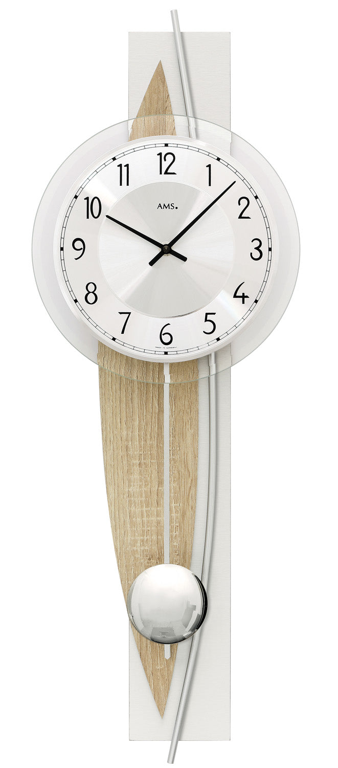 AMS W7455 Wanduhr Sonoma/Aluminium • Quarz-Pendelwerk • Facettiertes Mineralglas