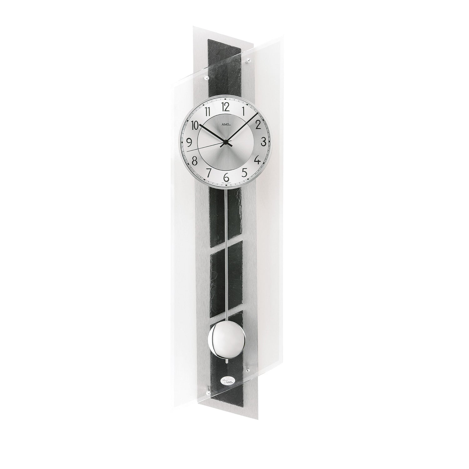 AMS W7217 Wanduhr Silber • Quarz-Pendelwerk • Aluminium auf Schiefer