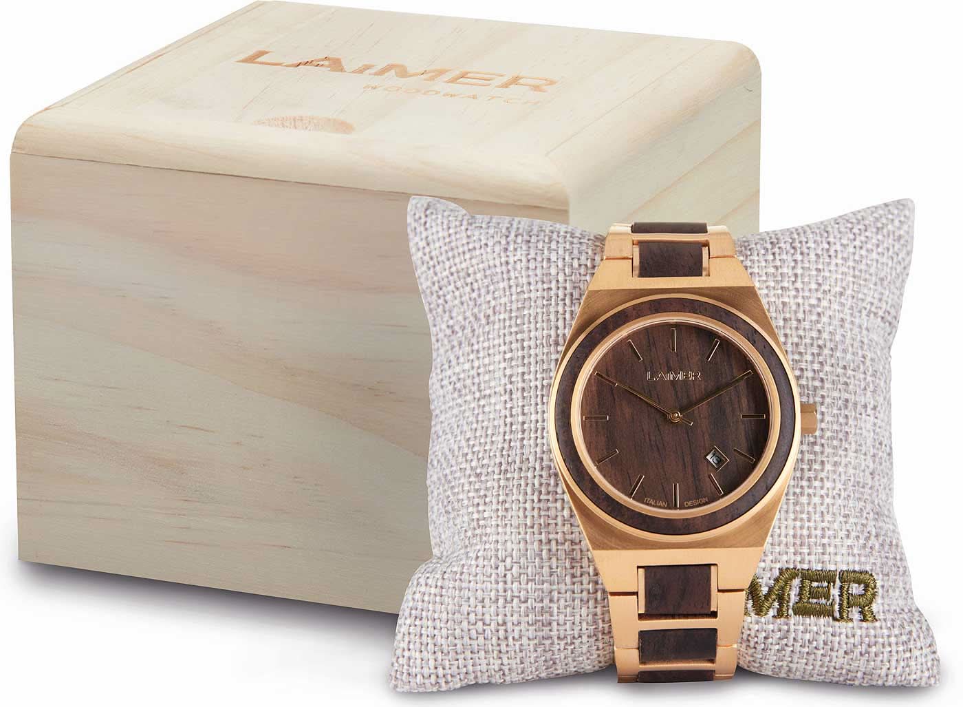 Pulsera de hombre con esfera de madera marrón y brazalete de metal beige con incrustaciones oscuras