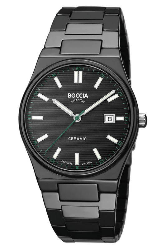 Boccia Herrenarmbanduhr, schwarze Keramik-Titanarmbanduhr mit Saphirglas und schwarzem Zifferblatt