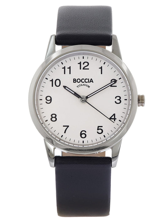 Damenarmbanduhr von Boccia mit schwarzem Lederband und silbernem Titan-Gehäuse, weißem Zifferblatt