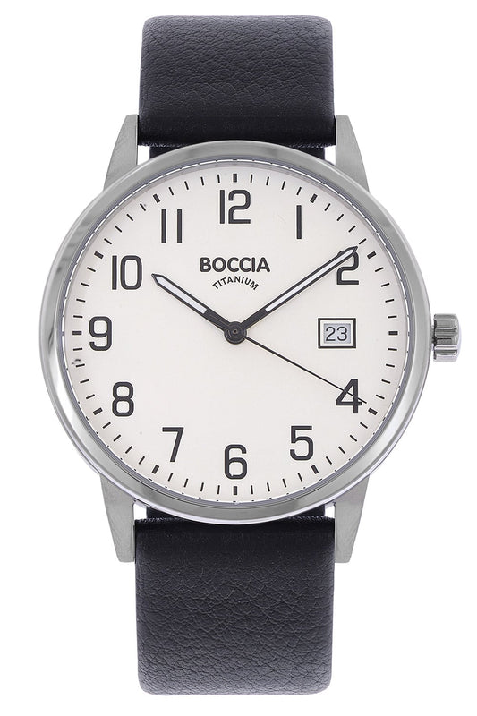 Boccia Herrenarmbanduhr mit schwarzem Lederband, weißem Zifferblatt und Datumsfenster
