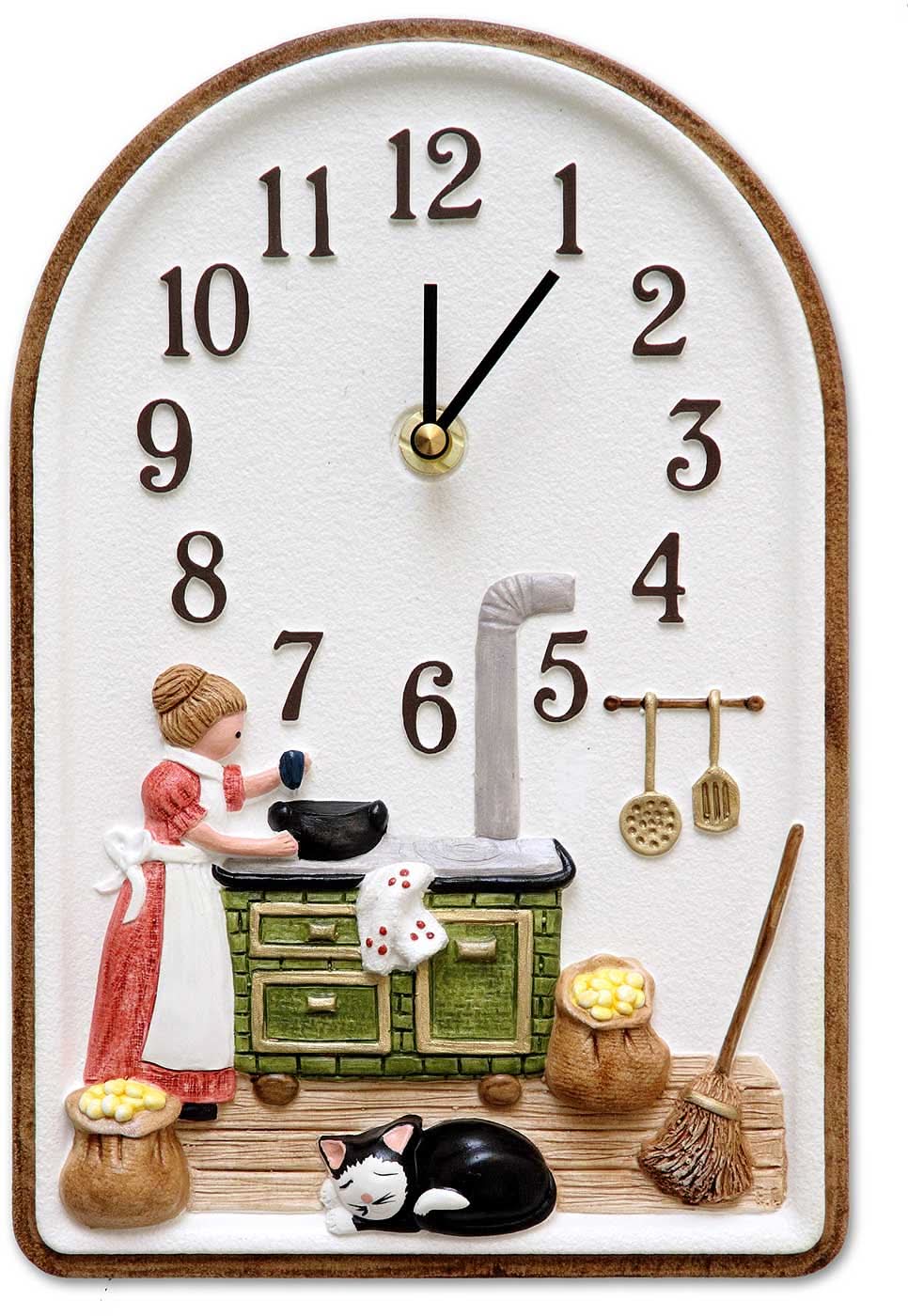 Reloj de pared de cerámica con motivo de cocina, números romanos, forma curva