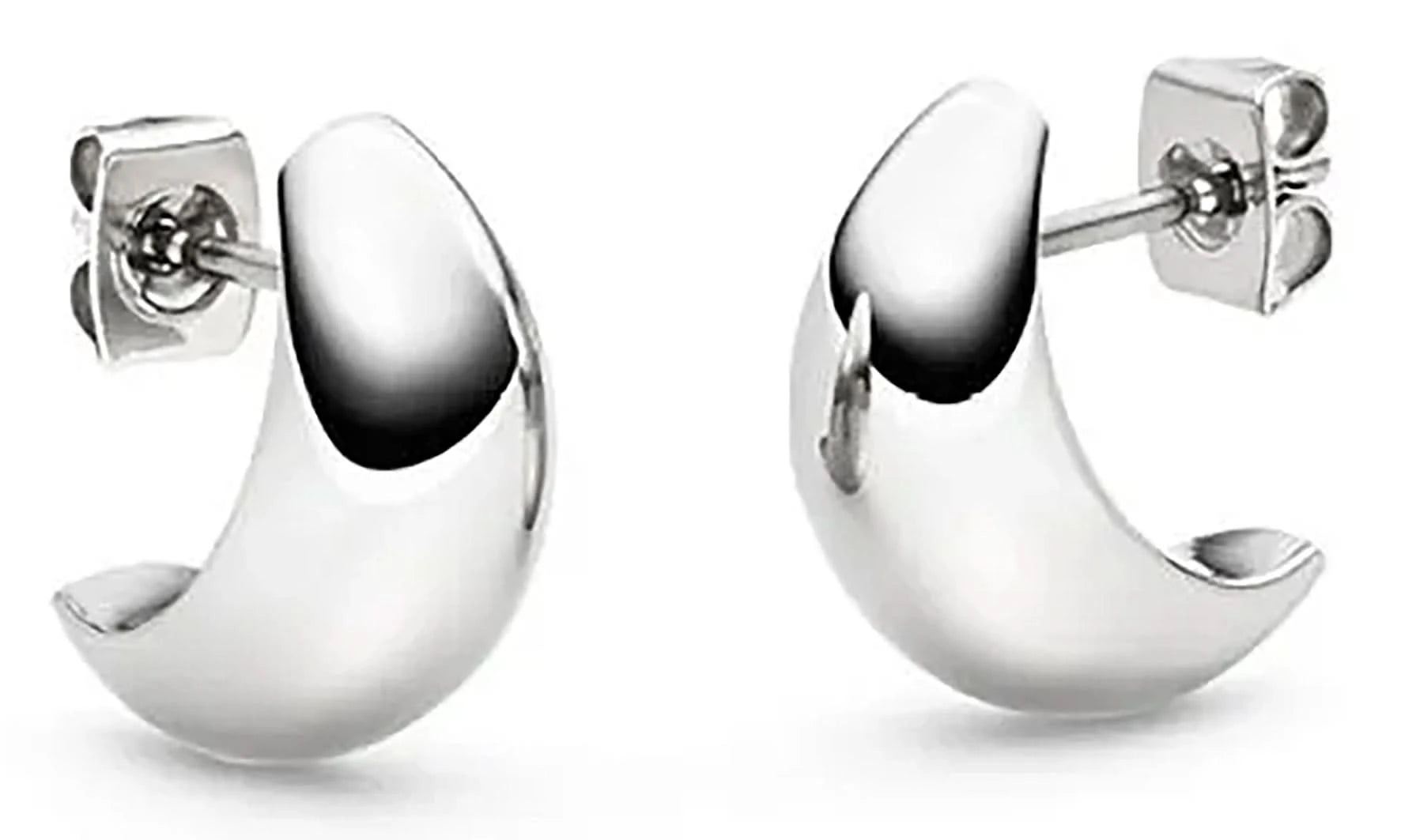 Pendientes de titanio en forma de luna con acabado plateado liso, cierre a presión