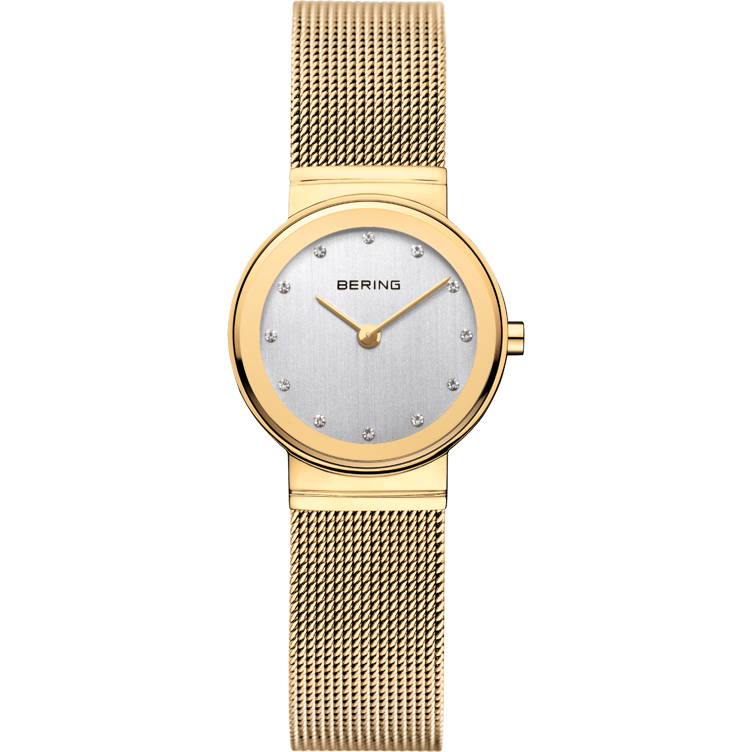 Bering Damenuhr mit rundem hellem Zifferblatt, goldfarbenem Gehäuse und goldenem Milanaiseband