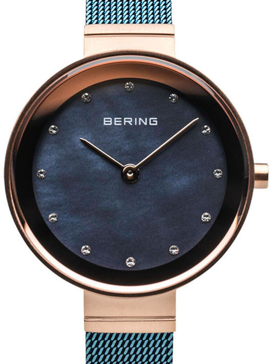Damenuhr mit roségoldenem Milanaise-Armband und blauem Zifferblatt, BERING
