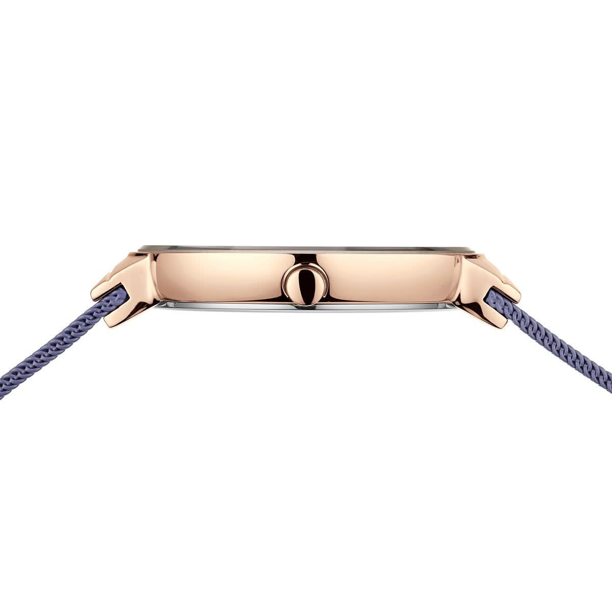 Fondo de reloj de mujer con grabado, caja en tono oro rosa y correa milanesa azul