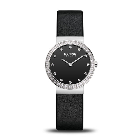 Bering Damenuhr aus Hightech-Keramik, schwarzes Zifferblatt mit Steinrand, schwarzes Band