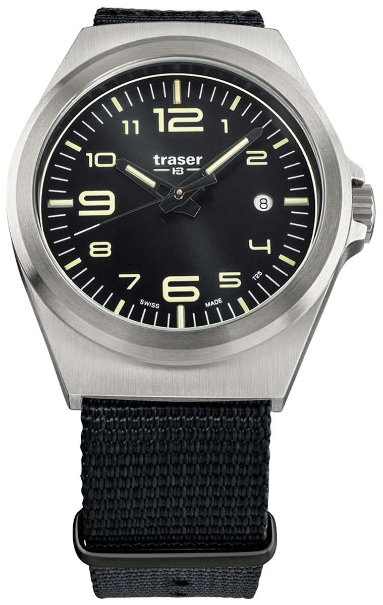 Reloj para hombre: caja plateada, esfera negra, correa de textil negro.