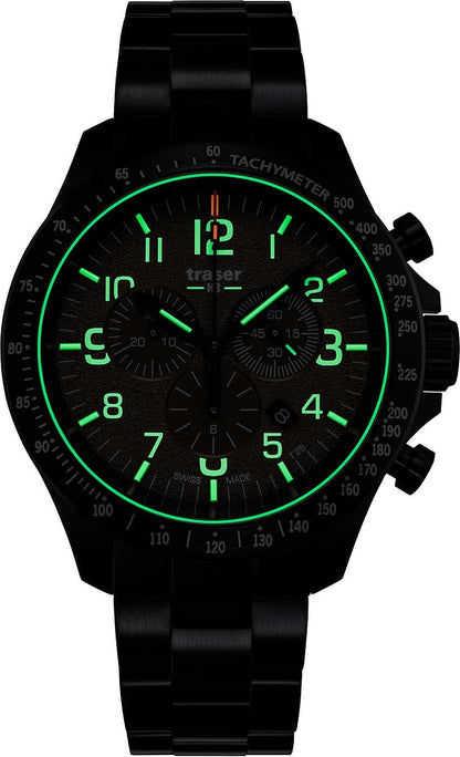 Cronógrafo para hombre con correa de metal negra, esfera oscura con manecillas luminosas verdes