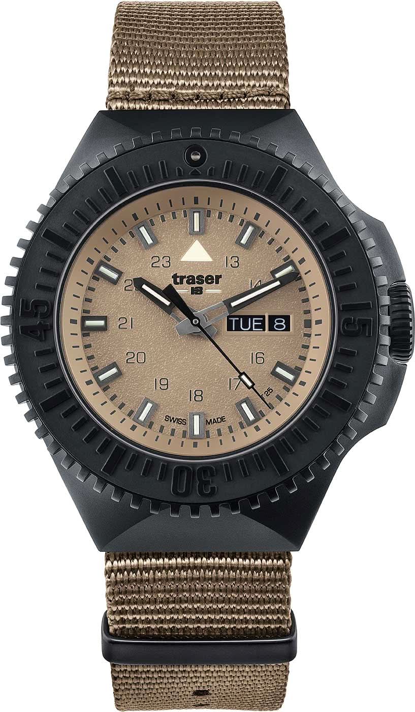 Reloj de pulsera para hombre con caja negra, correa textil beige y esfera beige.