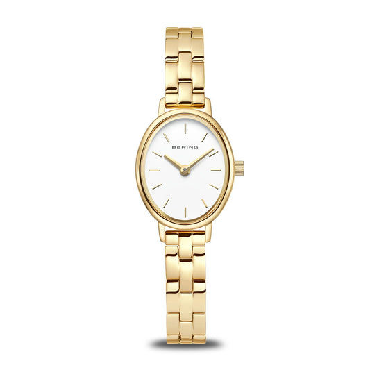 Damenuhr mit goldenem Metallarmband und weißem Zifferblatt, klaren Zeigern und Indizes
