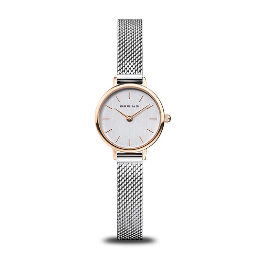 Bering Damenuhr mit roségoldenem Gehäuse, weißem Zifferblatt und Milanaise-Armband