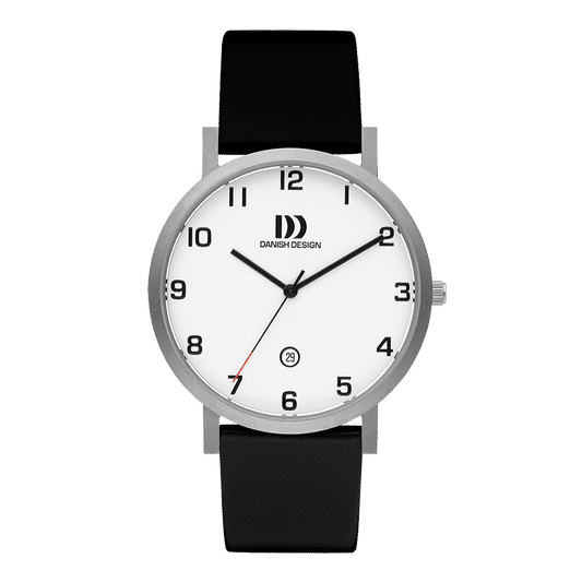 Danish Design Herrenarmbanduhr: schwarzes Lederband, silbernes Titangehäuse, weißes Zifferblatt
