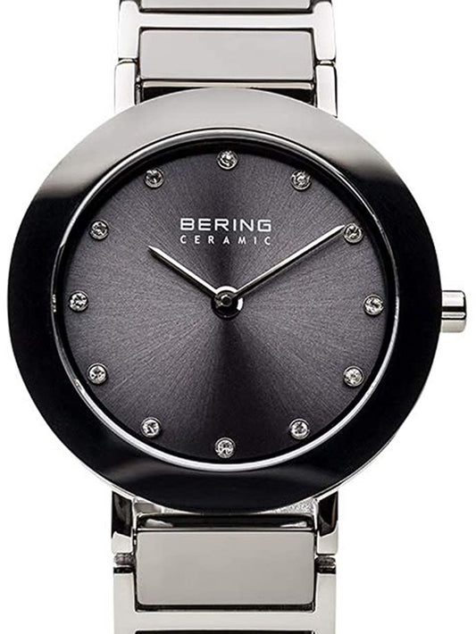 Bering Ceramic Damenuhr: graues Zifferblatt, runde Keramik-Lünette, Edelstahlband