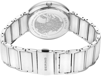Fondo interior de reloj Bering para mujer, caja plateada con mapa del mundo y eslabones metálicos