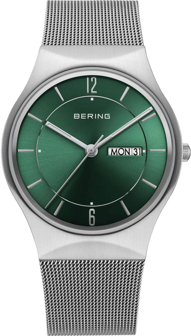 Reloj plateado para hombre con esfera verde, correa milanesa y fecha