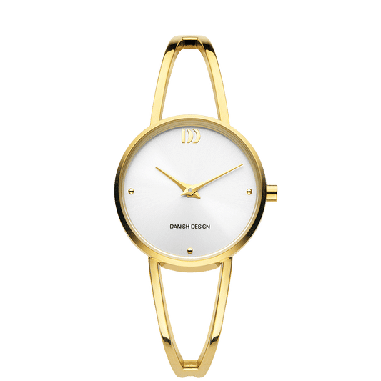 Danish Design Damenarmreif-Uhr mit goldenem Gehäuse, weißem Zifferblatt und Mineralglas