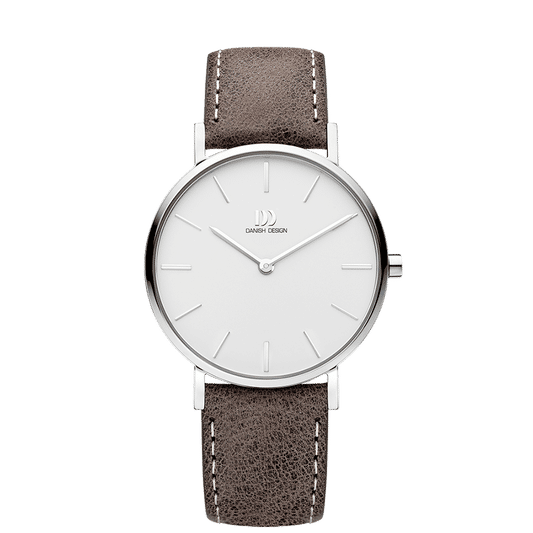 Danish Design Armbanduhr mit silbernem Gehäuse, weißem Zifferblatt und taupe Lederarmband