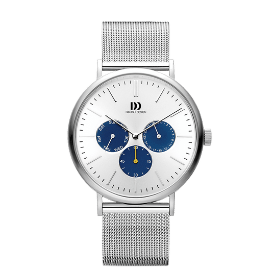 Herrenuhr mit silbernem Meshband, blauem Teilzifferblatt, Datum & Wochentag