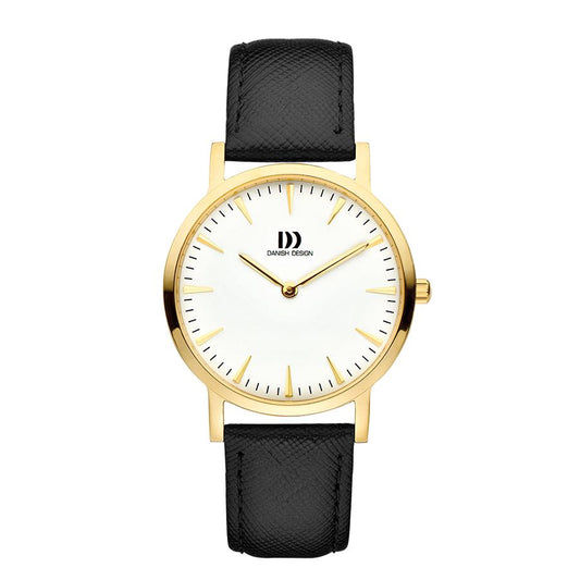 Damenuhr mit goldfarbenem Gehäuse, schwarzem Lederarmband und weißem Zifferblatt