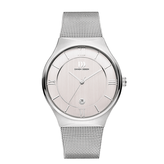 Silberne Armbanduhr mit Mesh-Armband, silbernem Zifferblatt und Datumsanzeige