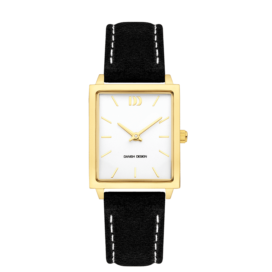Danish Design Miami Stretch IV15Q1255 Damenuhr Silber/Gold • Rechteckiges Gehäuse • Lederarmband Schwarz