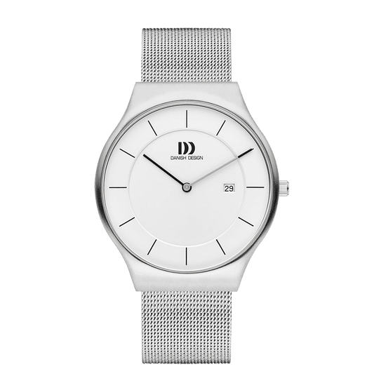 Herrenarmbanduhr mit silbernem Milanaise-Armband, rundem Gehäuse und weißem Zifferblatt