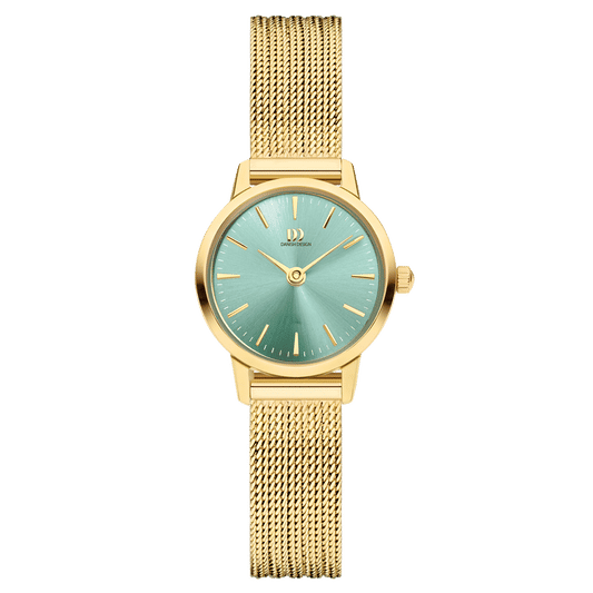 Damenarmbanduhr: goldfarbenes Mesh-Armband, rundes salbeigrünes Zifferblatt