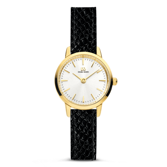 Damenuhr mit goldenem Gehäuse, weißem Zifferblatt und schwarzem Lederarmband