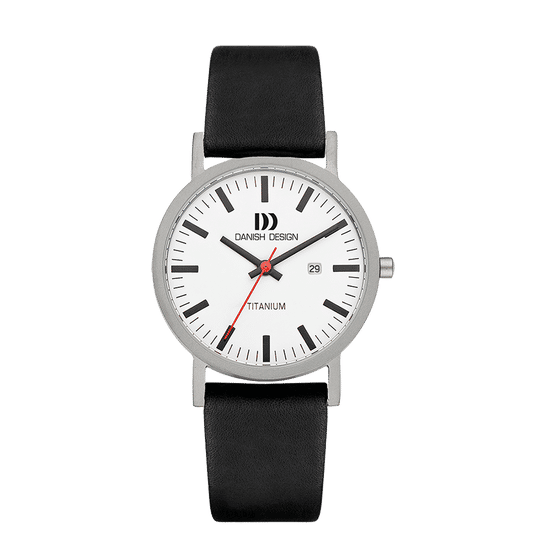 Herrenuhr: schwarzes Lederband, silbernes Titangehäuse, weißes Zifferblatt
