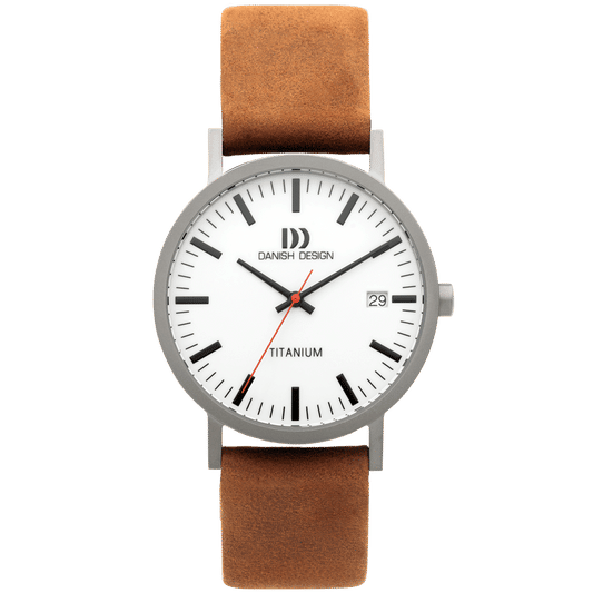 Danish Design Armbanduhr: weißes Zifferblatt, braunes Lederband, Titangehäuse, Datum