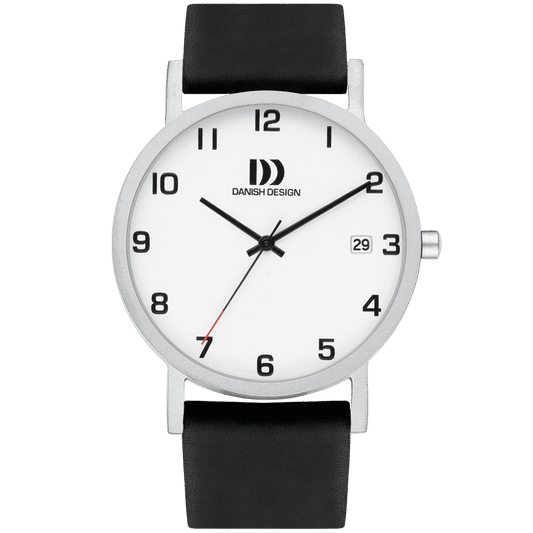 Danish Design Armbanduhr mit silbernem Titangehäuse, schwarzem Lederband und weißem Zifferblatt
