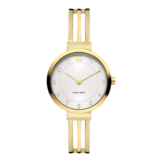 Danish Design Damenuhr mit goldenem Titangehäuse, weißem Zifferblatt und Gliederarmband.
