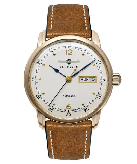 Herrenautomatik-Uhr von Zeppelin mit braunem Lederband, silbernem Gehäuse und Datumsanzeige